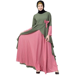 Polka dotted asymmetrical dress abaya- Jade Green-Pink